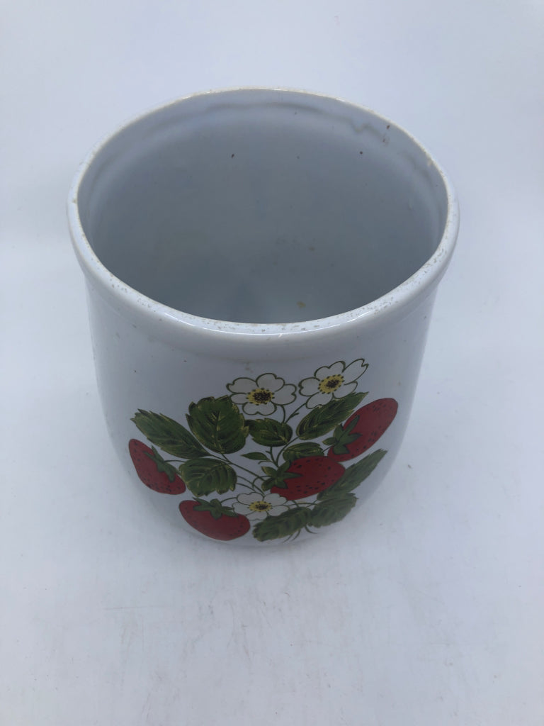 VTG WHITE PAINTED STRAWBERRY UTENSIL CROCK.