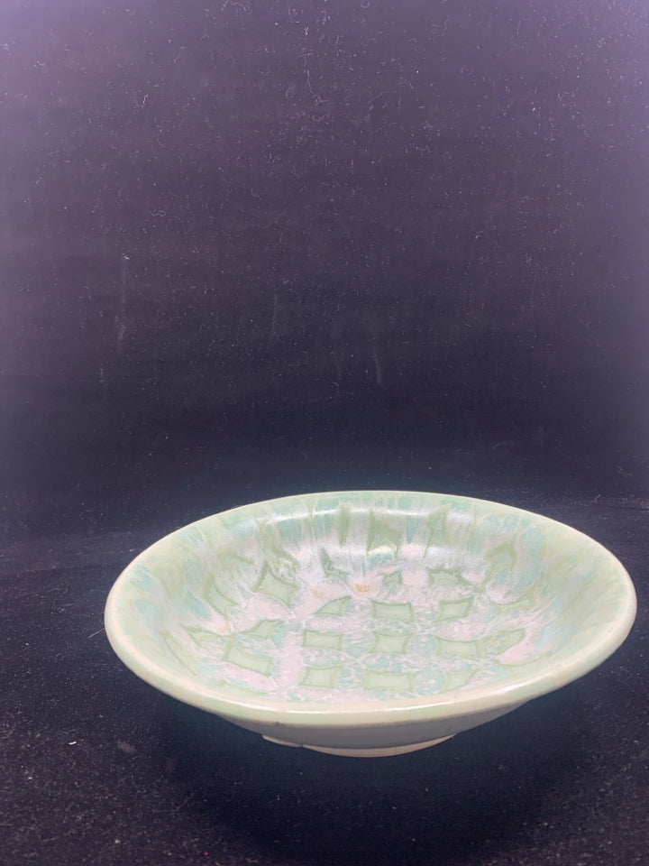 LF STAMPED MINT GREEN POTTERY BOWL W/ DESIGNS.