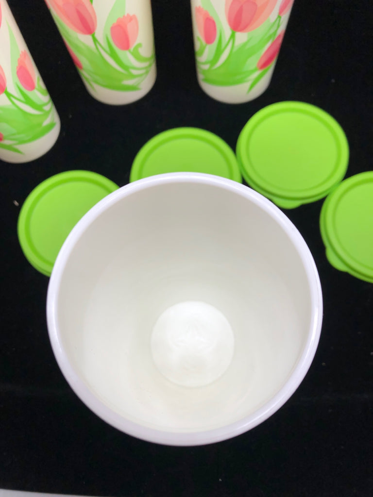 4 VTG PINK TULIP SEALED TUMBLERS - TUPPERWARE.