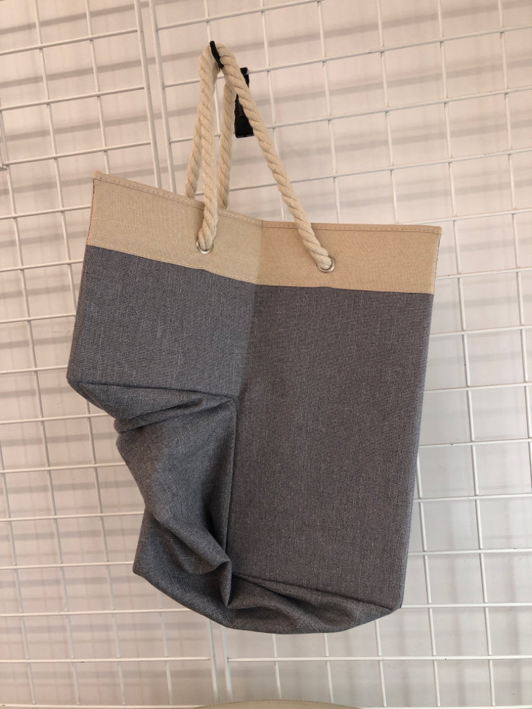 GREY/TAN FABRIC STAIR STORAGE BIN.