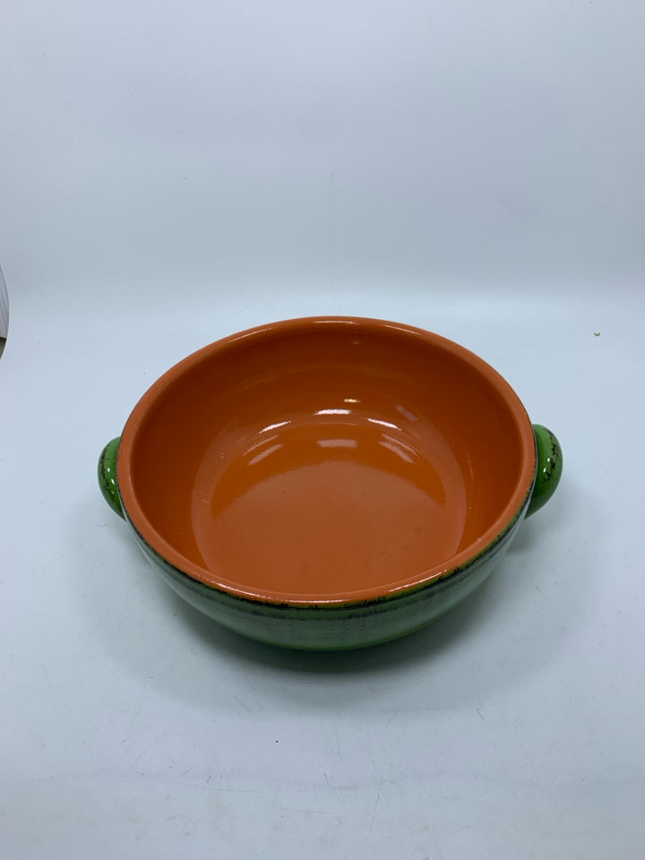 GREEN TERRA COTTA SERVING BOWL MADE IN ITALY DOUBLE HANDLED.