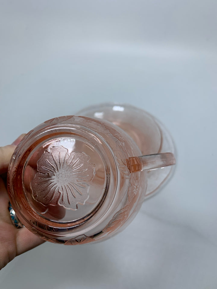 4 PC VTG PINK DEPRESSION GLASS W/ PRESSED FLOWERS.