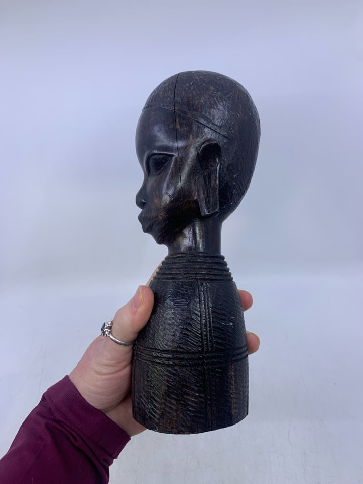 HEAVY BLACK CARVED WOOD HEAD/BUST FOLK ART.
