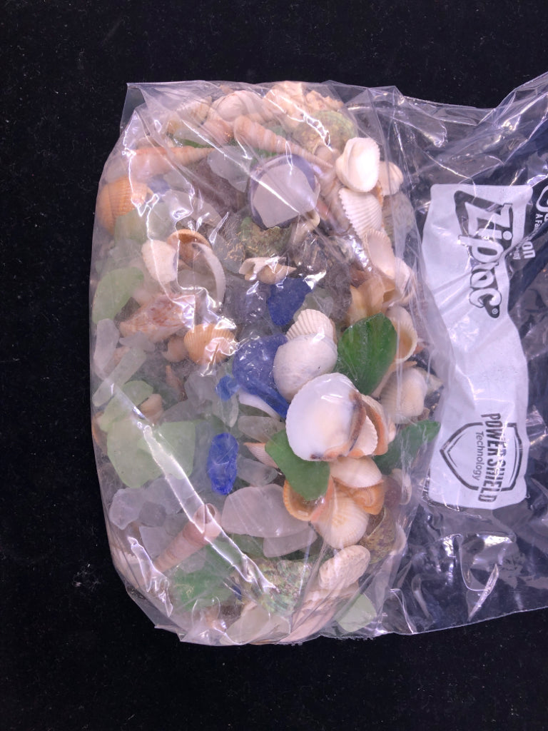 LARGE BAG ASSORTED SEA SHELLS & SEA GLASS.