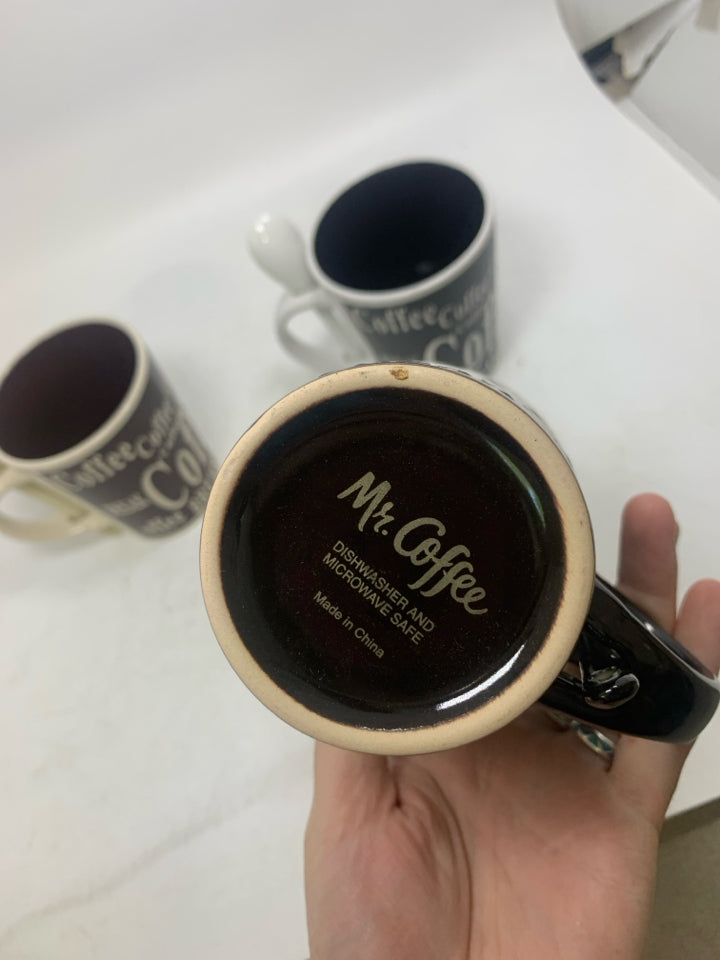 3 ASSORTED COFFEE BREAK MUGS W/ SPOONS.
