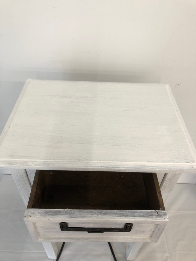 WHITE DISTRESSED SIDE TABLE W DRAWER PLUG AND USB.