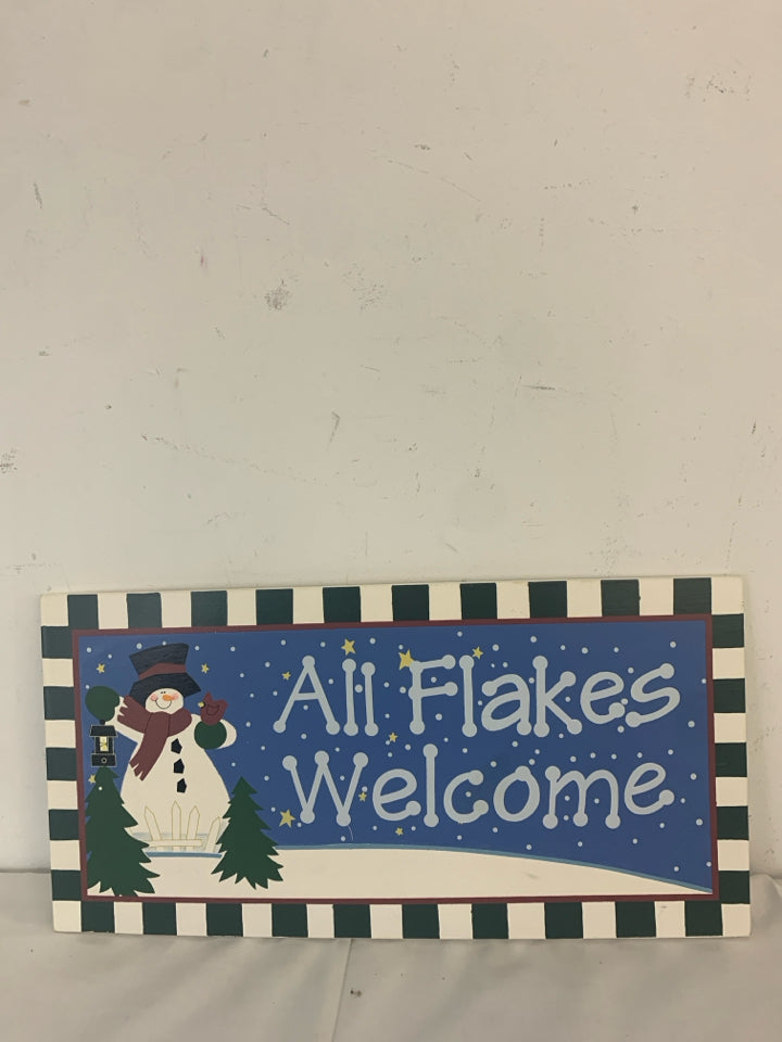 ALL FLAKES WELCOME SNOWMAN WALL HANGING.