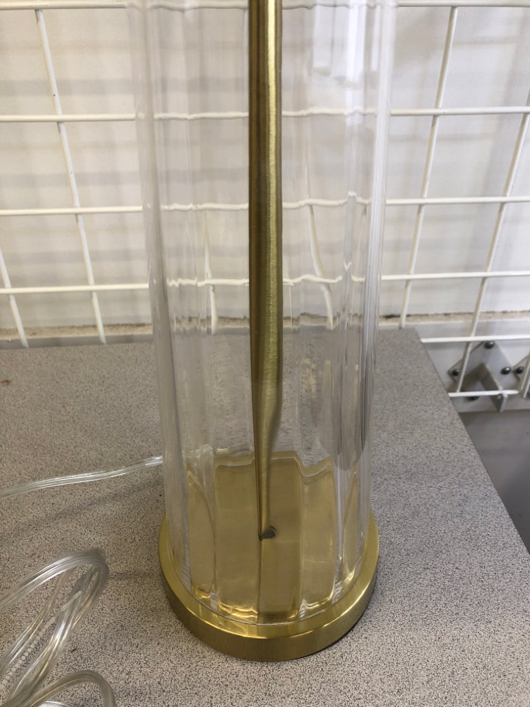 GOLD METAL W/ GLASS BASE LAMP WHITE SHADE.