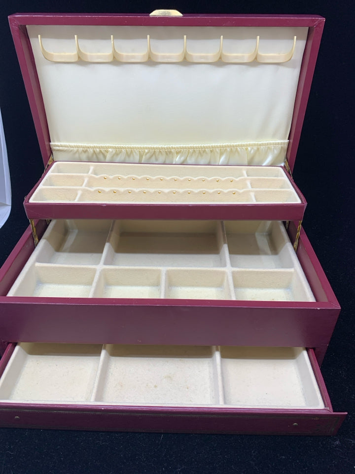 VTG FAUX RED LEATHER JEWELRY BOX.