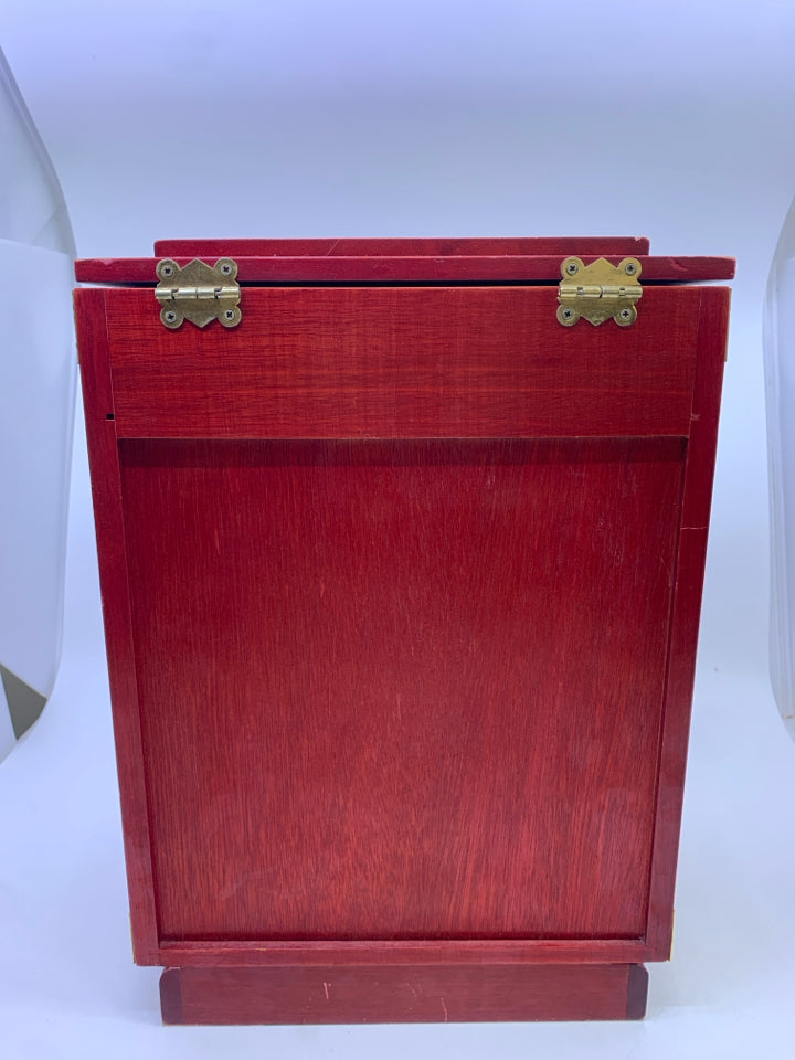 CHERRY WOOD ASIAN STYLE JEWELRY BOX W/ GOLD METAL DETAILS.