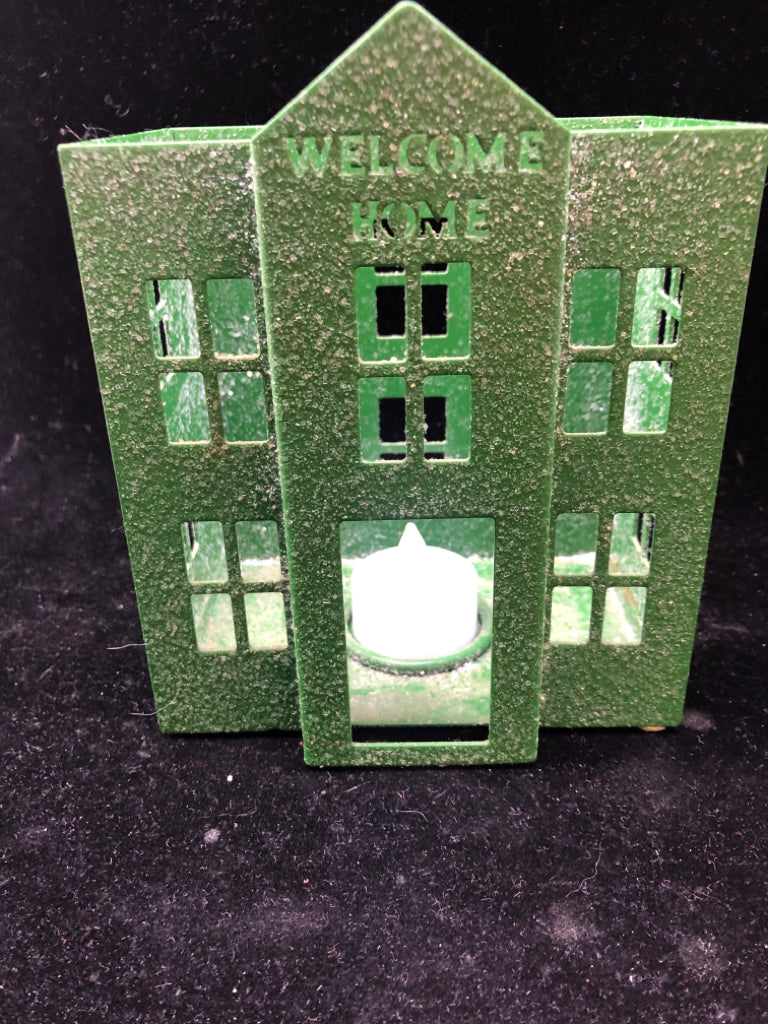 METAL HOUSE "WELCOME HOME" TEA LIGHT HOLDER.
