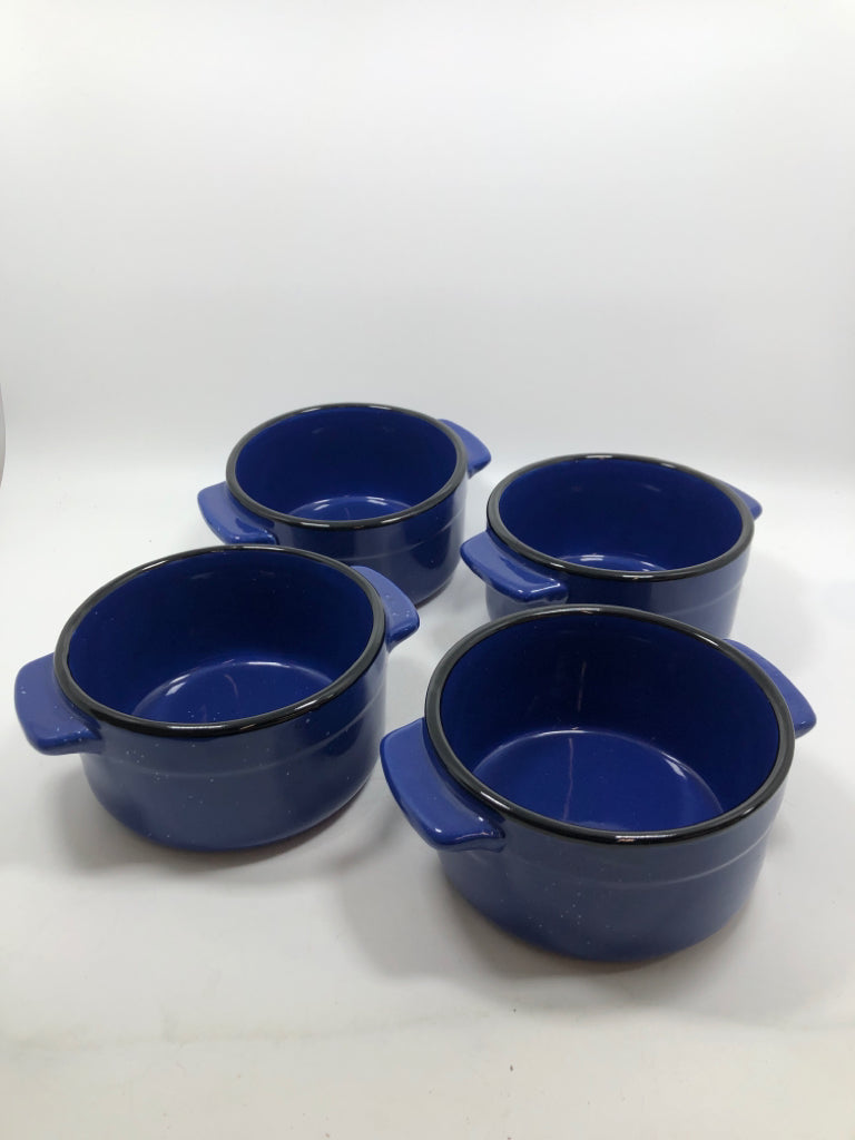 4 BLUE SPECKLE SOUP BOWLS W/BLACK RIM.