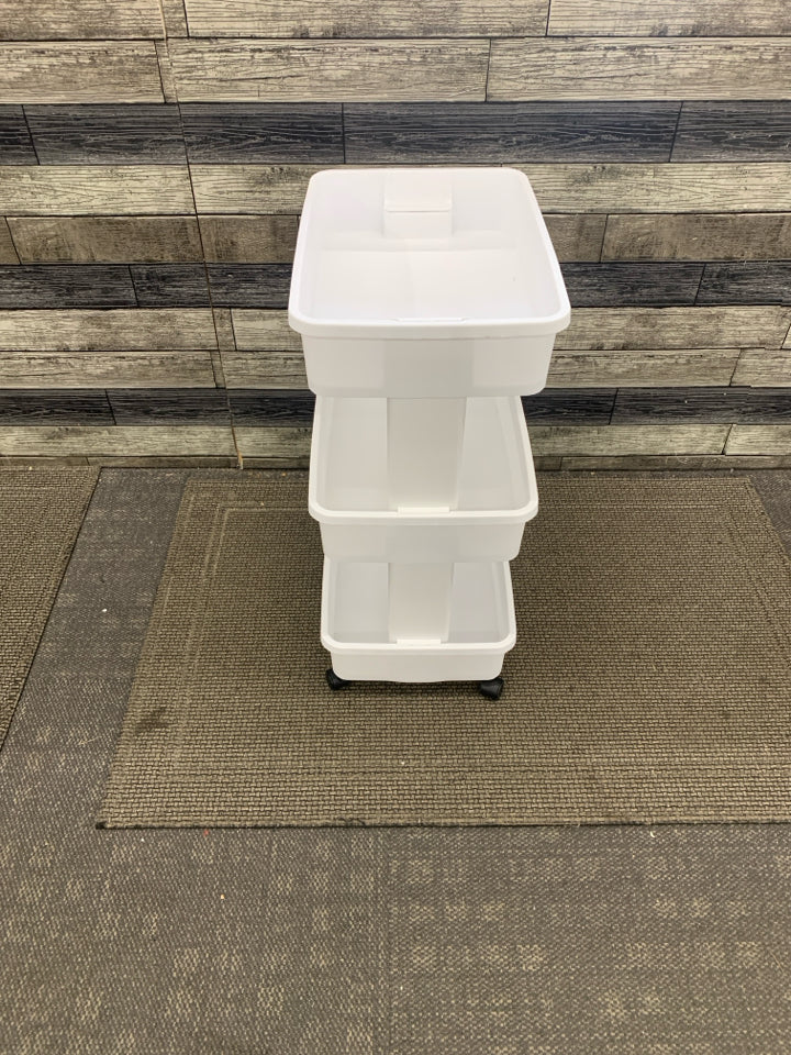 3-TIER WHITE PLASTIC ROLLING CART.