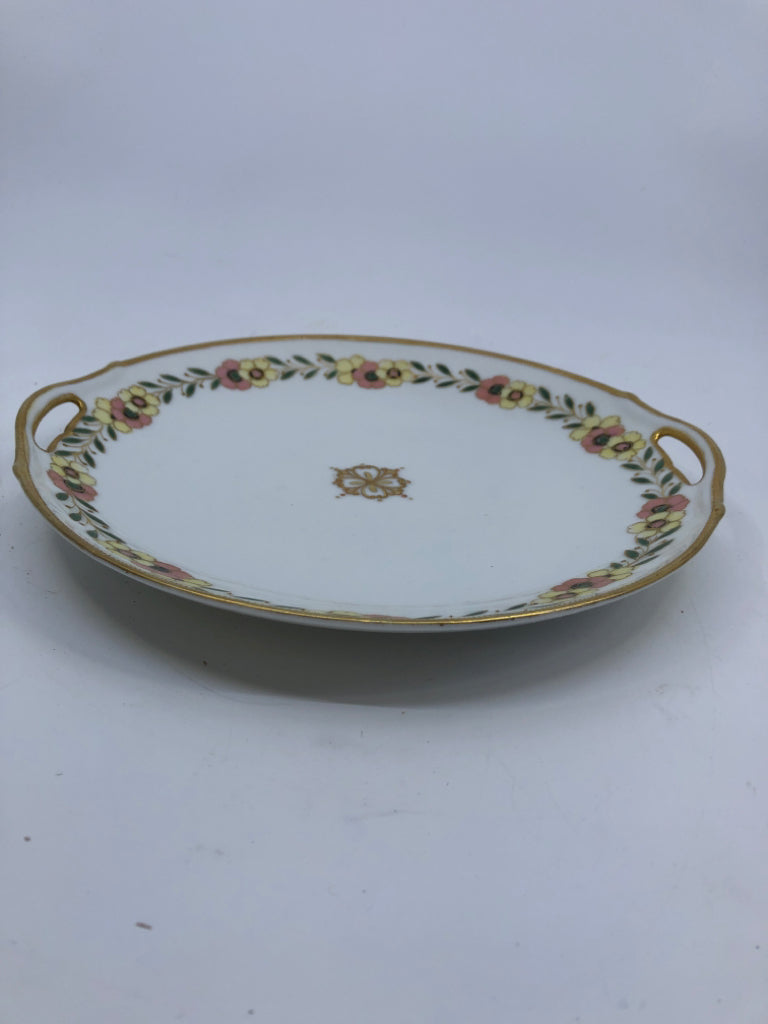 VTG PINK/YELLOW FLORAL RIMMED SERVER W HANDLES.