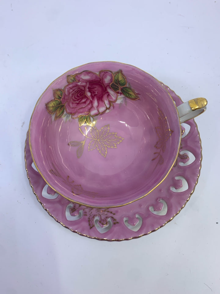 VTG PINK ROSE W/GOLD LEAF DESIGN FOOTED TEA CUP & SAUCER-ROYAL HALSEY.