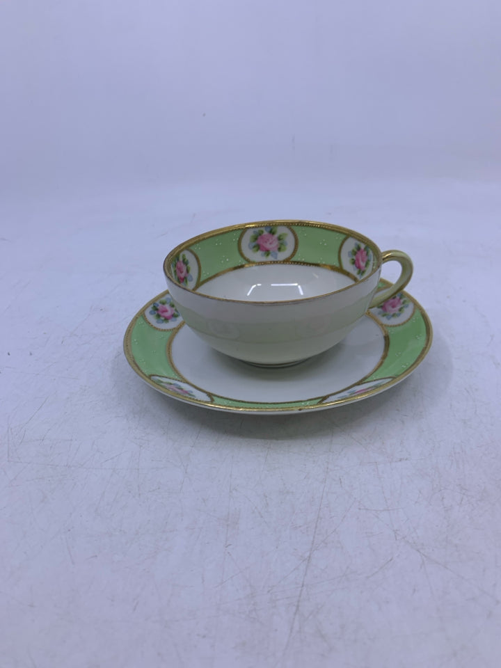 LIGHT GREEN GOLD DETAILS W/ PINK ROSE CUP/SAUCER.