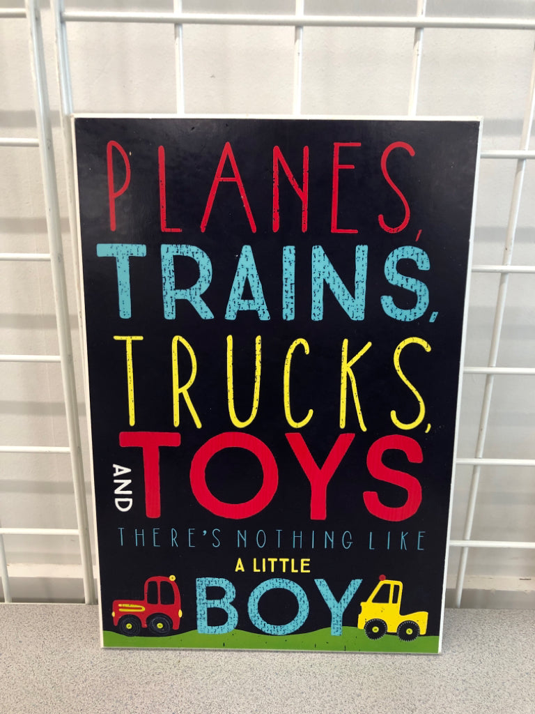 PLANES TRAINS TRUCKS WOOD SIGN.