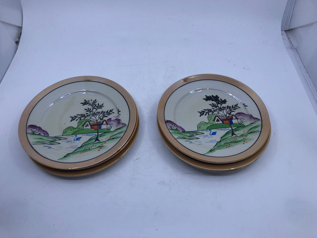 6 VTG ORANGE LUSTRE LANDSCAPE SALAD PLATE.