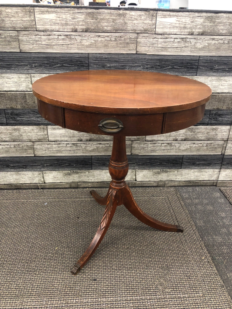 WOODED ROUND TABLE W SMALL DRAWER.