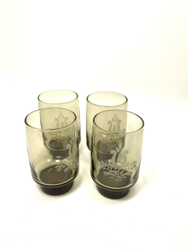 4 VTG FOOTED "VILLAGE" SMOKEY BROWN GLASSES.