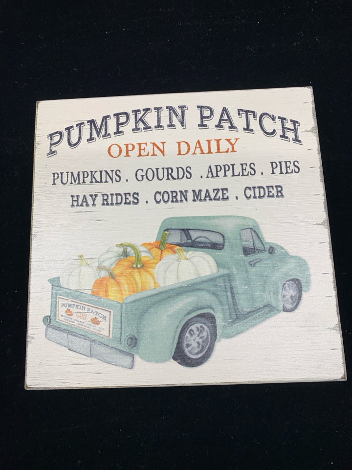 PUMPKIN PATCH OPEN DAILY TEAL OLD TRUCK W/ PUMPKINS.