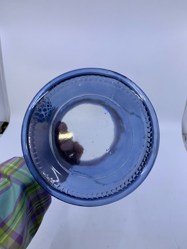 LARGE BLUE GLASS LANTERN W/ PRINTED GOLD PINEAPPLE.