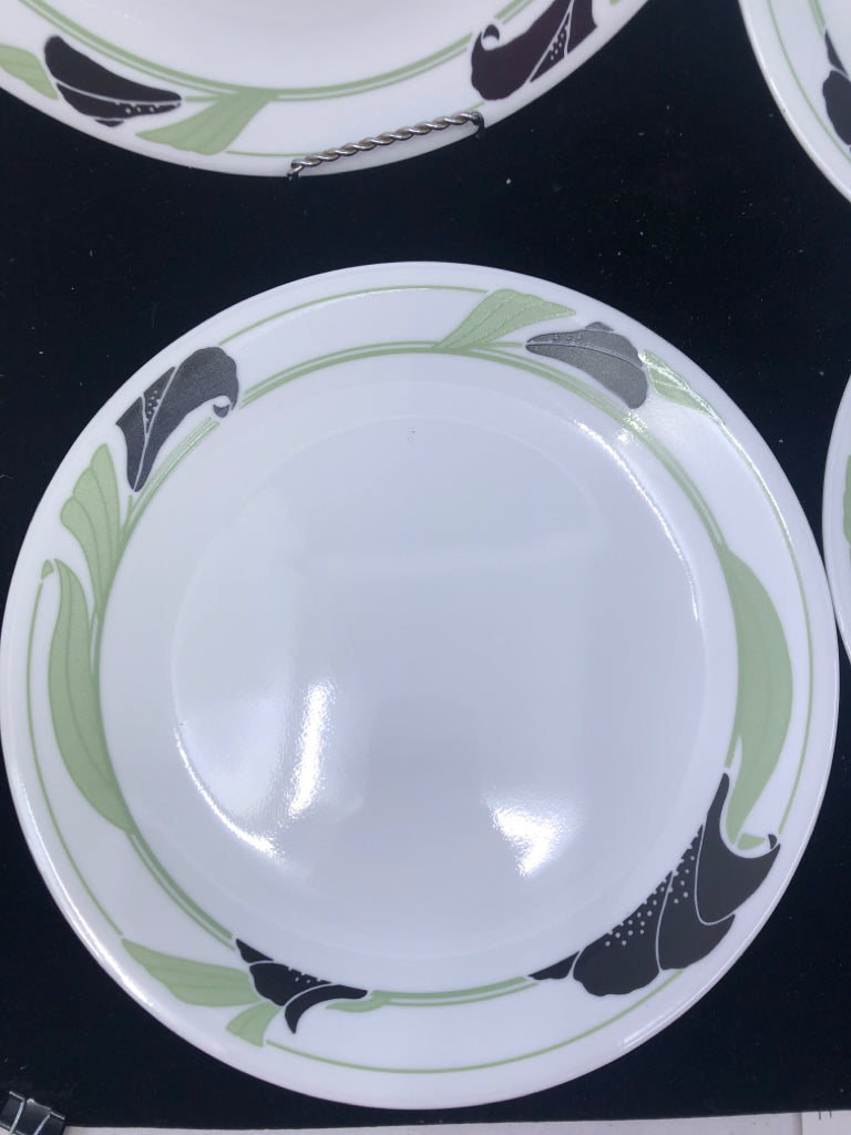 4 BLACK AND GREEN CORELLE DINNER PLATES.