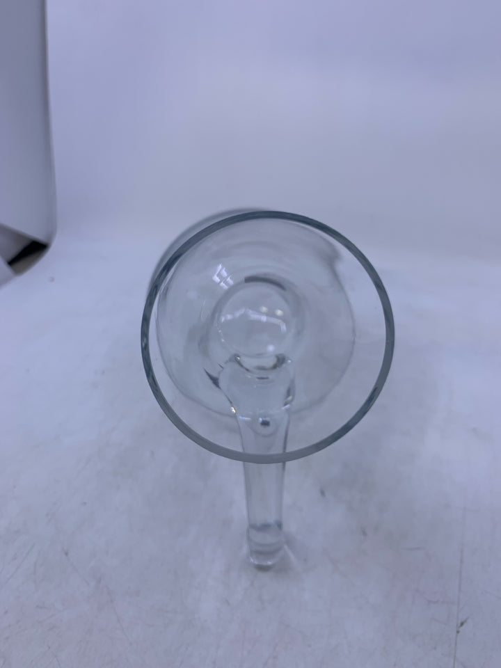 CLEAR GLASS SLANTED DECANTER W/ FOOTED STAND.