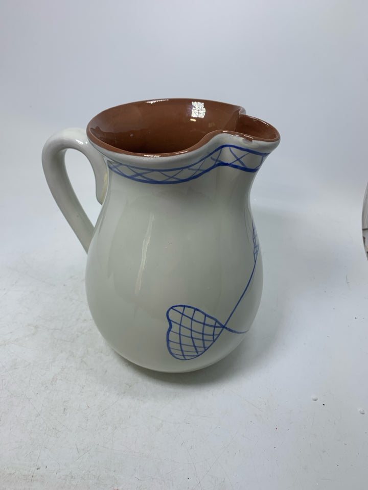 TERRA COTTA PITCHER W/ BLUE PAINTED FISH.