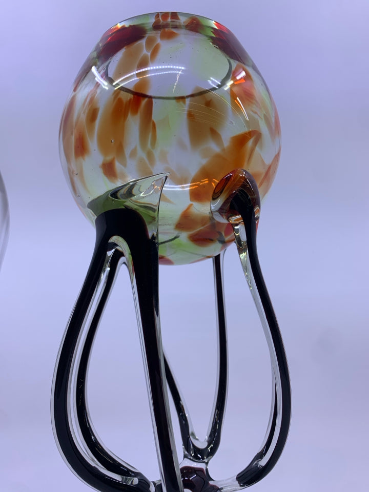 ABSTRACT BLOWN GLASS CANDLE HOLDER -BLACK/ORANGE.
