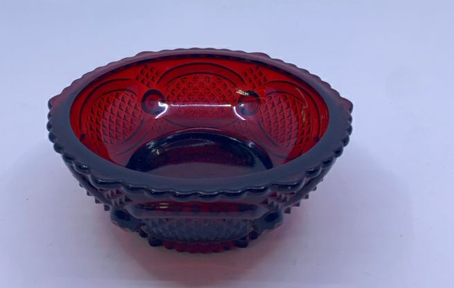 AVON CRANBERRY CUT GLASS BOWL.