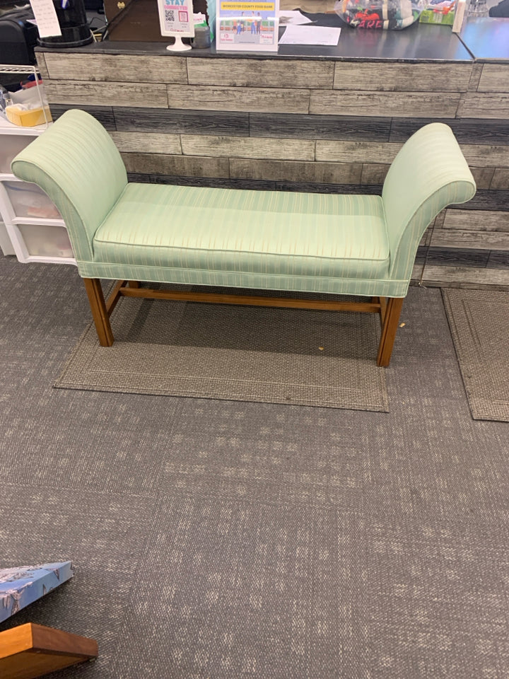 MINT GREEN W/ STRIPES BENCH W/ RAISED EDGES.