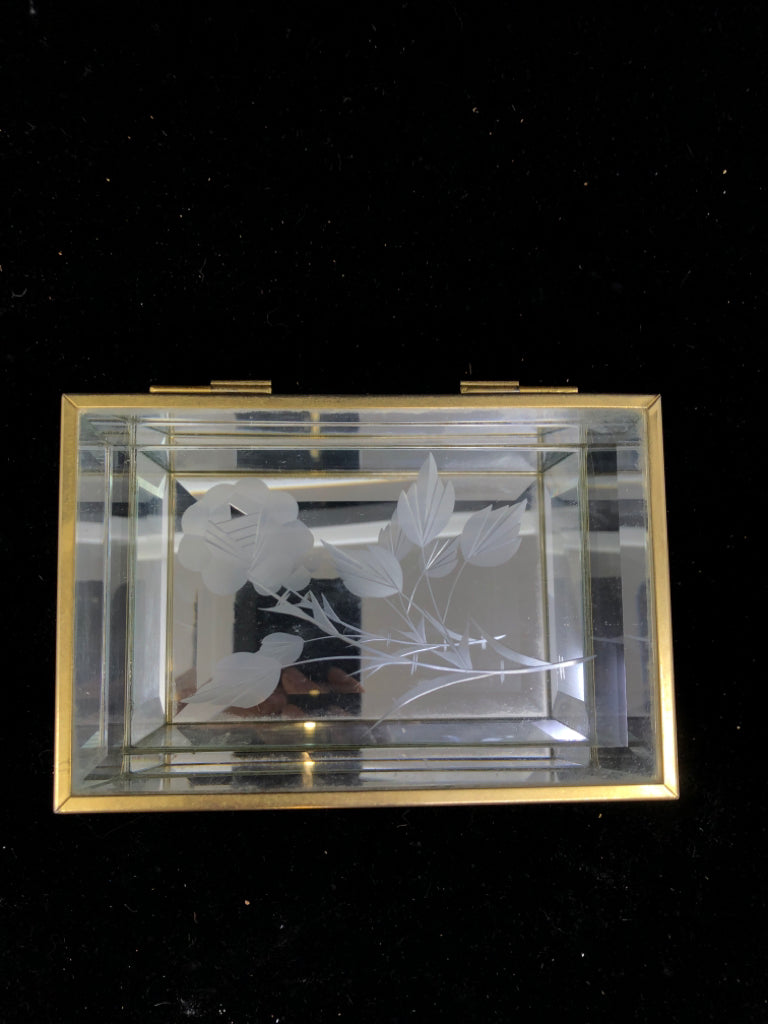 ETCHED GLASS MIRROR BOX W/GOLD TRIM.