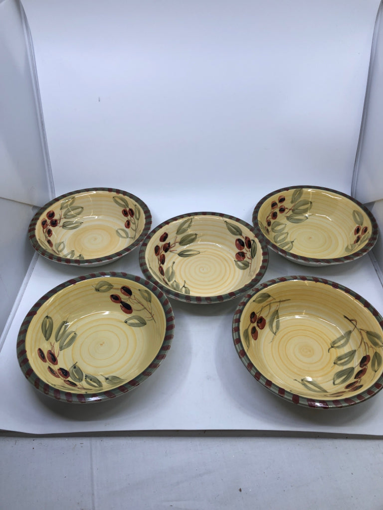 5 YELLOW W RED/GREEN ACCENT BOWLS.