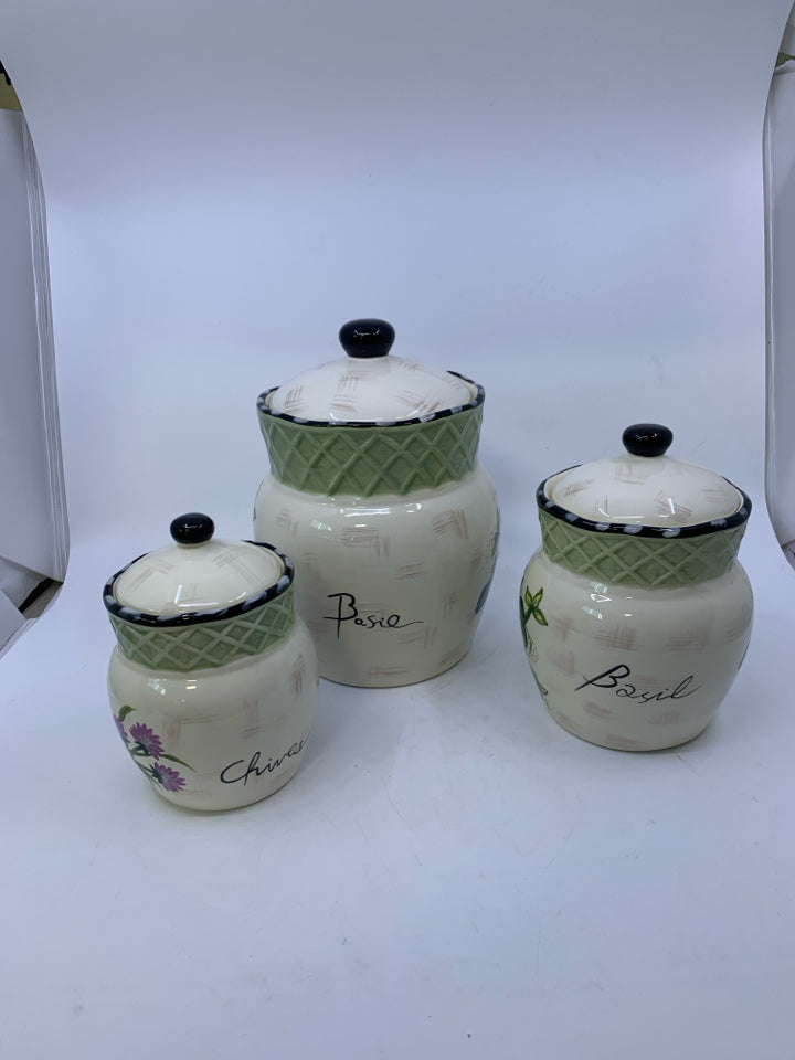 3 SPICE THEMED DISTRESSED WHITE W/ GREEN BAND CANISTER SET.