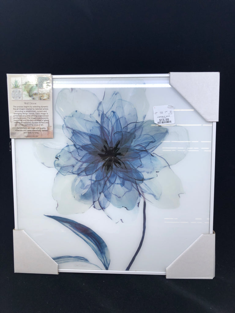 NIP WALL HANGING DARK BLUE FLOWER GLASS COVER WHITE FRAME SIGNED.