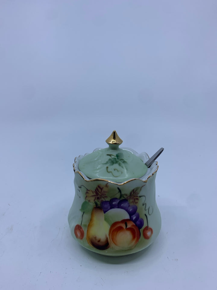 VTG GREEN SUGAR BOWL W SPOON.