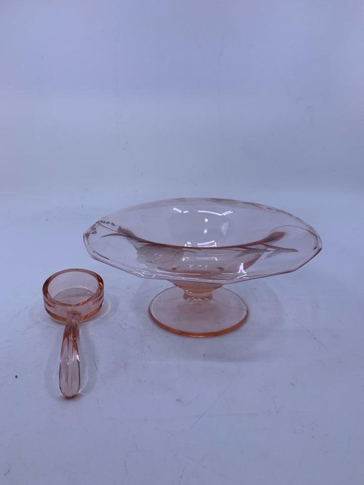 VTG 2 PC PINK ETCHED DEPRESSION GLASS W/ SPOON.