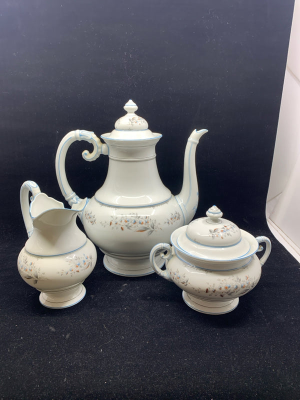 3 PC FLORA TEA SET: TEAPOT, CREAM + SUGAR.