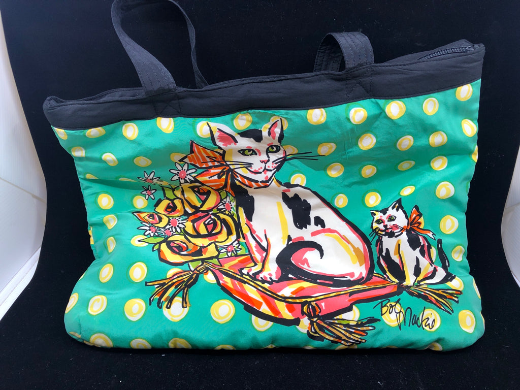 TEAL CAT BAG W YELLOW POLKA DOTS.
