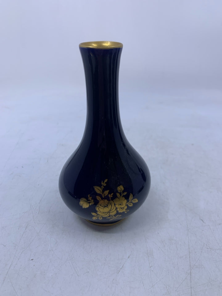 COBALT BLUE W/ GOLD ROSES BUD VASE LONG NECK.