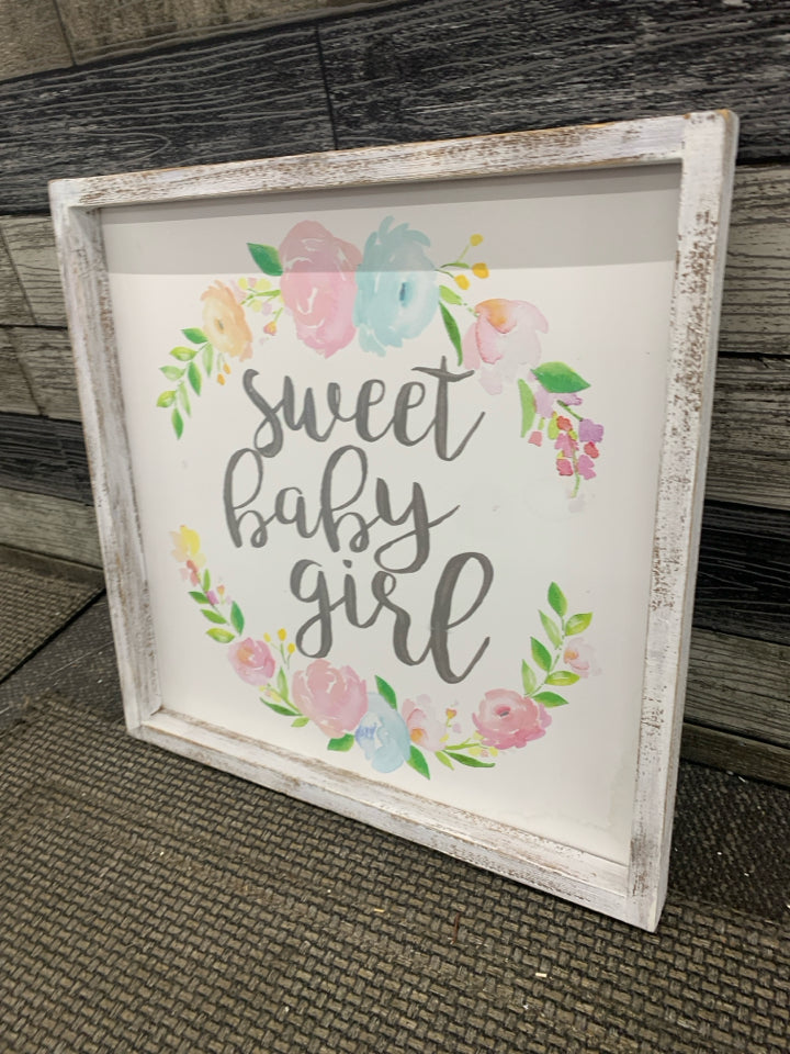 SWEET BABY GIRL W/ COLORFUL FLOWERS/ DISTRESSED FRAME WALL ART.