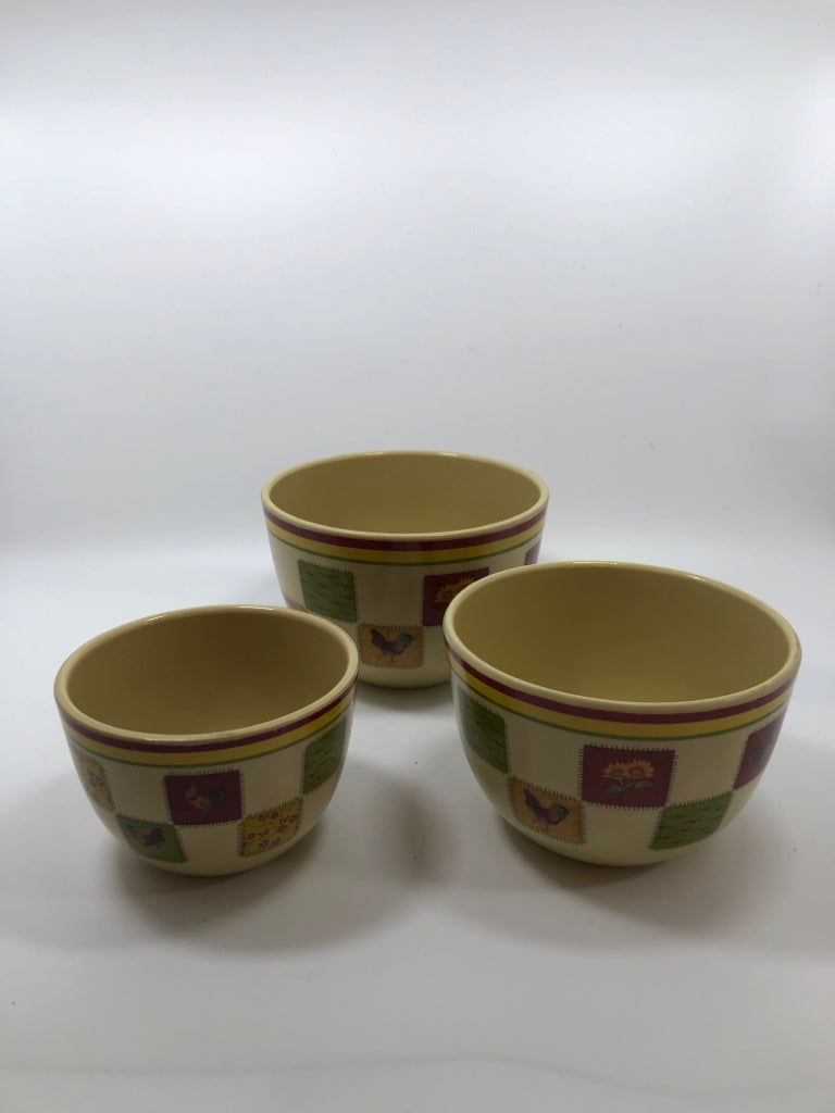 3PC ROOSTER MELAMINE NESTING BOWLS.