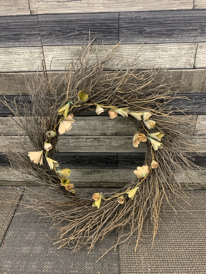 LARGE TWIG WREATH W WOOD FLOWERS.