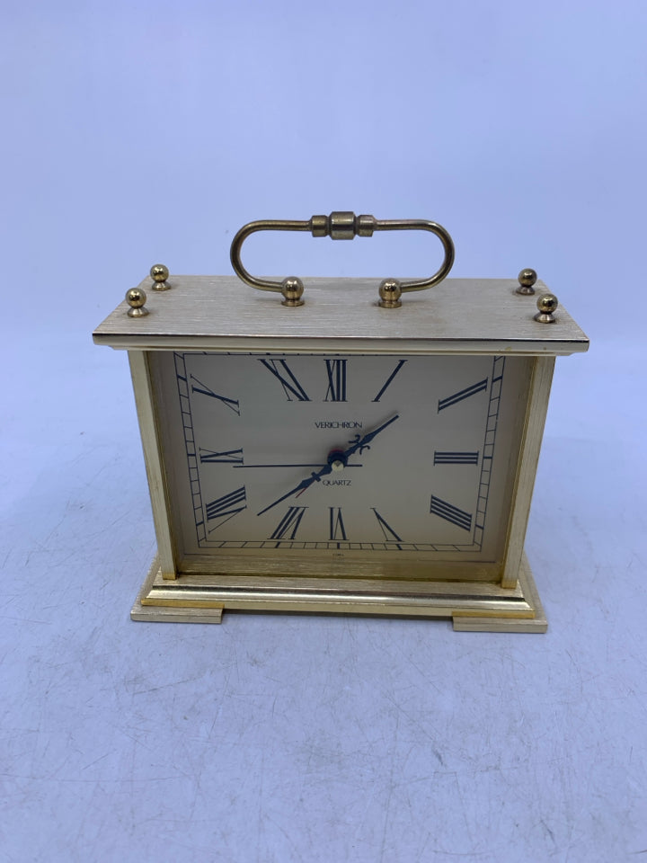 GOLD METAL RECTANGLE VERICHRON DESK CLOCK W/ HANDLE.