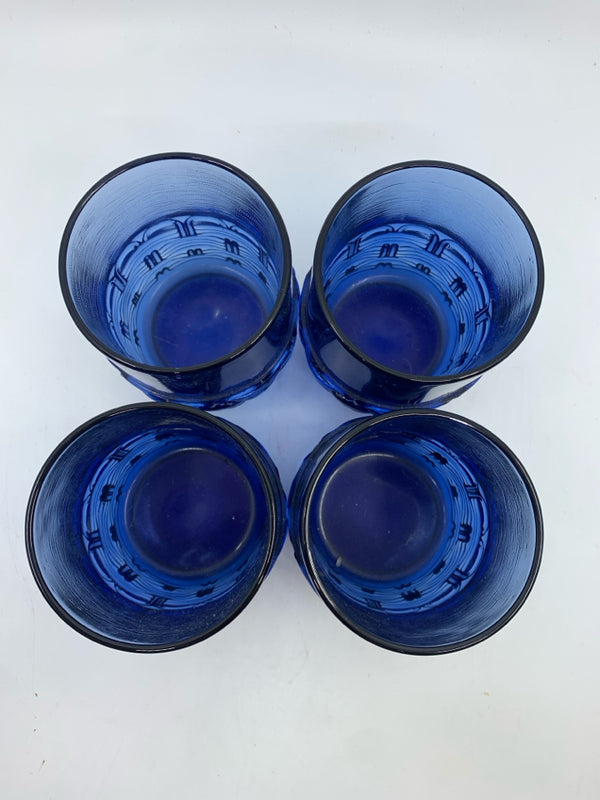 4 COBALT BLUE BASKETWEAVE BOTTOM WATER GLASSES.