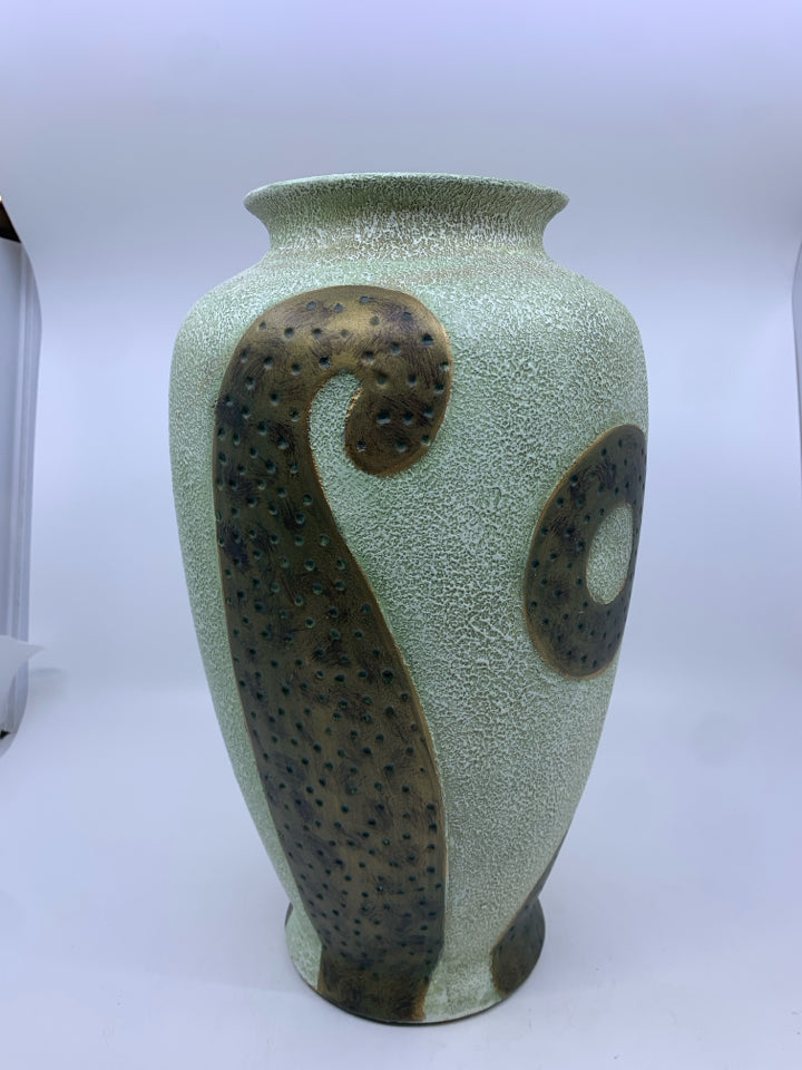 LARGE TEXTURED W/ METALLIC SHAPES VASE.