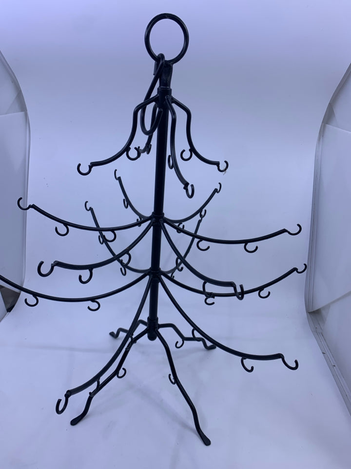 BLACK METAL MINI ORNAMENT TREE W CHRISTMAS AND HALLOWEEN ORNAMENTS.