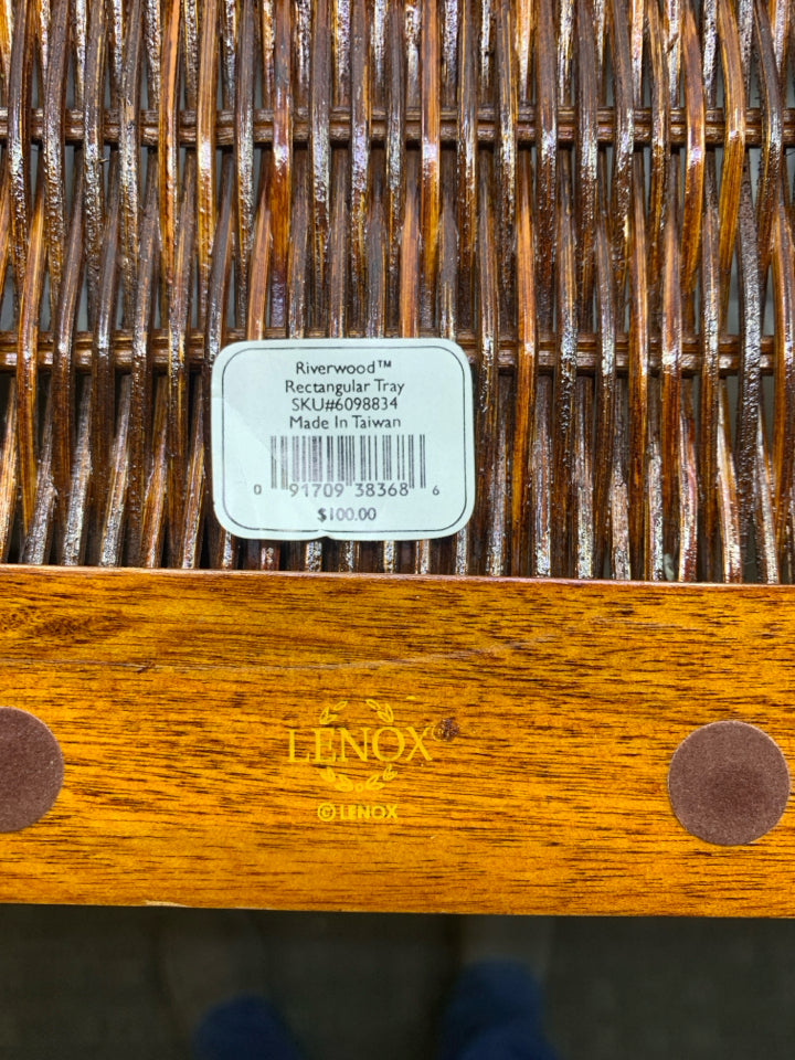 LARGE "RIVER WOOD" TRAY W/ WOOD FRAME DARK WICKER BASE + HANDLES.