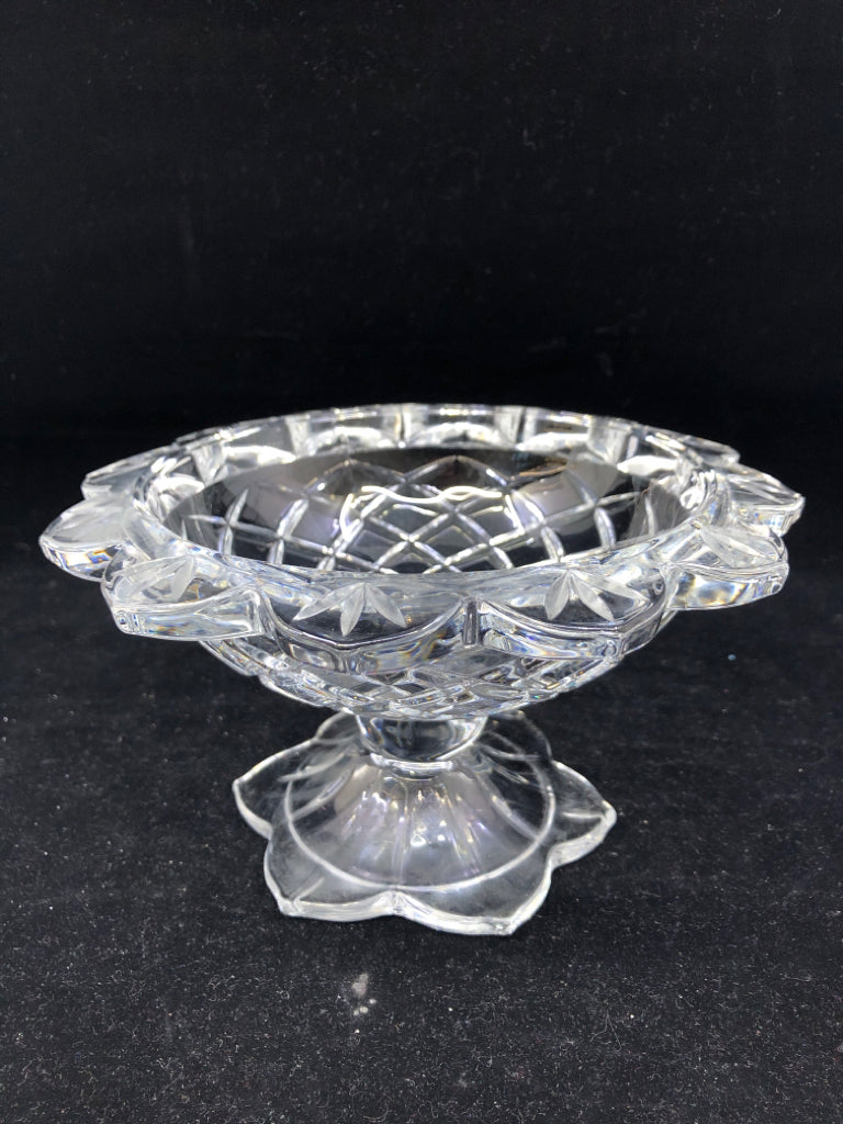 THICK GLASS FOOTED FLOWER SHAPE CANDY DISH.